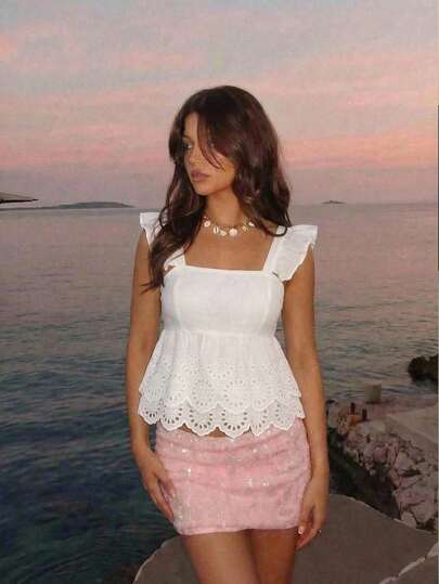 SHEIN MOD Women's Vacation Solid Color Square Neck Cap Sleeve Hollow Embroidered Hem Casual Shirt