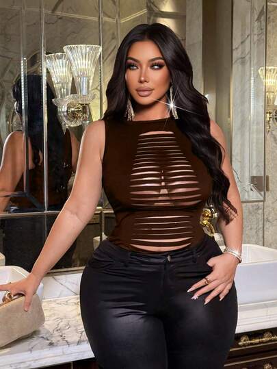 NU&NOW Women's Sexy Casual Hollow Out Ripped Design Plus Size Vest, Casual Wear, Daily Wear