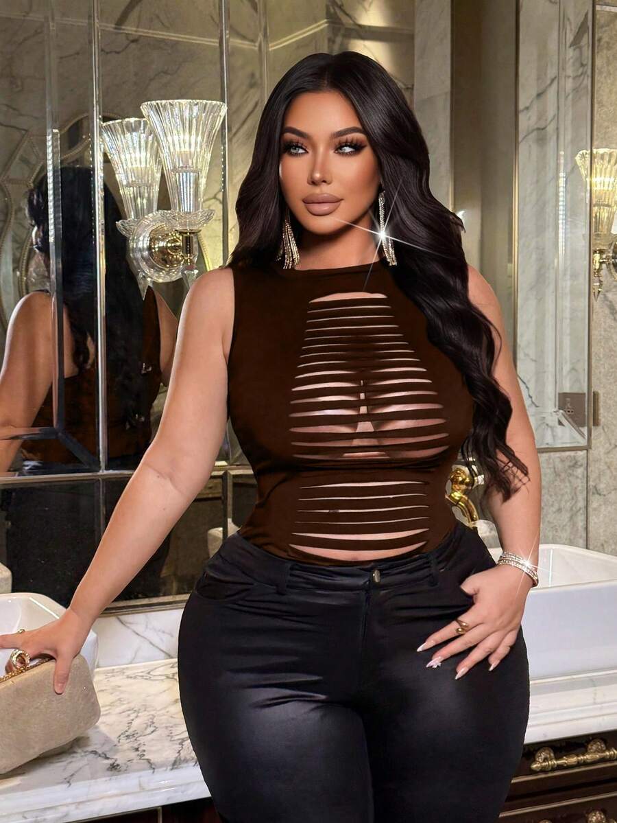 NU&NOW Colete feminino plus size sexy e casual com recortes e rasgos, ideal para uso casual e diário. - Castanho - Ver 1