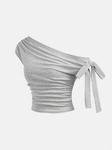 Girlism Teen Girls' Grey Solid Color Knit Casual Minimalist Asymmetric Ruched Cropped Top,Suitable For Spring/Summer,Personalized Styling,Daily Wear - Grey - View 5