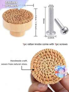 1-3pcs Rattan Drawer Knobs, 1.57inch/40mm Boho Dresser Knobs, Handmade Wood Cabinets Knobs Handles Hardware Woven Wicker Drawer Knobs With Screws For Kitchen Cabinets Dresser Pulls Furniture - Yellow - View 2