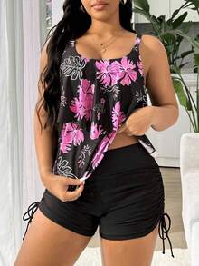 Swim Lushoire Plus Size Women 2pcs Tropical Floral Print Tankini Swimwear, Modest Ruched Skirt Swimdress, Slimming Backless Bathing Suit - Black - View 3