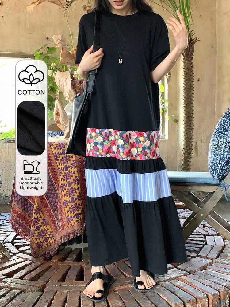 Women's Summer Round Neck Short Sleeve Contrast Color Print Casual Long Dress Sundress