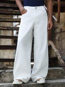 Manfinity EMRG 美式情侣刺绣宽松阔腿裤 - 白色 - 查看 4