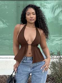 Alexandranx Của phụ nữ Không lưng Halter Neck Buộc Nút Áo - màu nâu - Xem 5