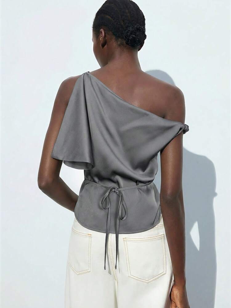 SHEIN Maija Women's Asymmetric Design Summer Versatile Chic Elegant Urban Fashionable Comfortable Fitted Asymmetric Shoulder Design Backside Lace-Up Decor Business Casual Outfit, Suitable For Concerts, Social Events, Office, Cruise High-End, Elegant, Old-Fashioned Cruise Attire For Wedding Guests All-Season Versatile Modern Urban Fashion Business Casual Women's Wear Office Attire Understated Old-Money Style, Elegant And Sophisticated, High-Quality Commuter And Airport Women's Wear,Summer Top