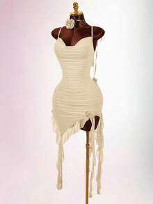 Amplova Vestido de mujer de longitud media, cuello drapeado, cordón, ribete de volantes, dobladillo con volantes, tirantes finos, espalda descubierta, decoración floral, elegante y sexy - Albaricoque - Ver 8