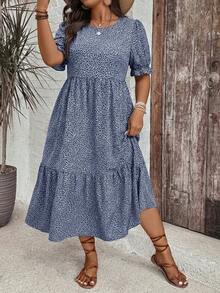 SHEIN CURVE+ Đầm nữ cỡ lớn in họa tiết da báo, cổ tròn, tay ngắn, eo xếp ly, dáng chữ A, kiểu dáng thường ngày, phong cách phương Tây, đi biển, bohemian. - Màu xanh hải quân - Xem 3