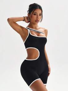 Dewbera Dewbera 无缝女士黑色无袖撞色连体裤，镂空腰部设计，适合春夏穿着。撞色连体裤适合休闲、健身、瑜伽等场合。 - 黑色 - 查看 7