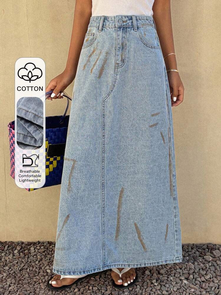 Distressed Print Loose A-Line Maxi Denim Skirt, Casual Summer Vacation For Women