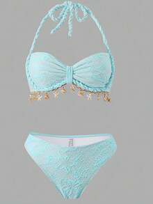 Bonvoyette Women's 3 PiecesTextured Fabric Shell Trim Rope Decor Swimsuit Set, For Beach & Holiday - Blue - View 6