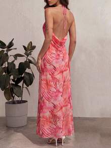 Swim Vcay 女士长款印花连衣裙，垂褶领露背A字夏季沙滩度假连衣裙 - 粉色 - 查看 2