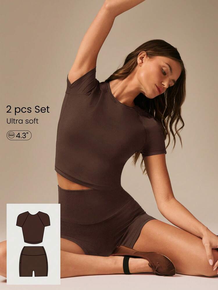 2 Pieces Glow More Lightweight Ultra-Soft Stretchy Slim Fit Crewneck & 4.3" FeatherFit™ Buttery-Soft Sweat-Wicking Tummy Control Biker Shorts Low Impact Set Yoga Pilates Studio Gym Training Daily Active Wear