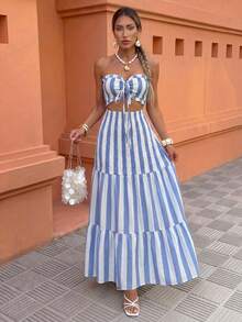 Flora Isola Flora Isola 2025夏季新款裹胸条纹性感优雅女士多功能腰带吊带连衣裙，适合约会、外出、度假、节日、独立日、返校、教师装、婚礼、派对、音乐节、慕尼黑啤酒节、万圣节、感恩节等场合。 - 藍白色 - 查看 6