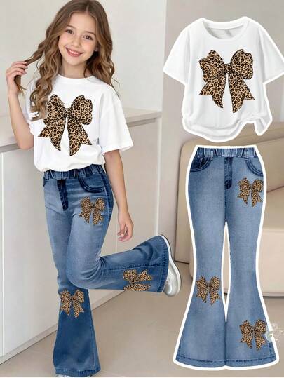 Set 2 buc. pentru fete, tricou și pantaloni evazați, la modă casual, primăvară-vară-toamnă, imprimeu cu funde și leopard, material elastic moale, model drăguț și dulce, design elegant cu pantaloni evazați, potrivit pentru exterior, școală, petrecere, cadou