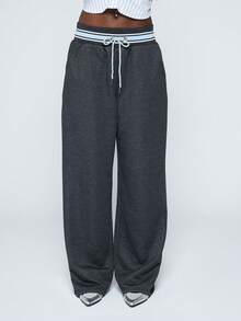 COUREZ Low Rise Oversized Sweatpants With Stripe Contrasting Waistband Y2K Summer For Women Summer For Women - Dark Grey - View 6