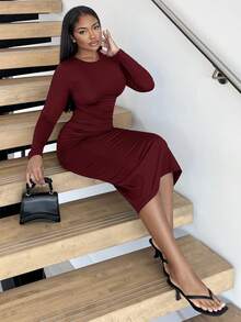 Alexandranx Robe longue à manches longues noire avec taille plissée, pour soirée - Rouge foncé - Voir 5