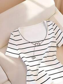 Resyla Nuevo estilo de gran , camiseta de cuello cuadrado de estilo suave con rayas de contraste, ajuste slim de cuello cuadrado, versátil para el uso diario, tanto dentro como fuera, estilo de primavera y verano - Multicolor - Ver 3