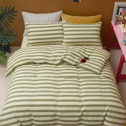 Joivida Bộ ga trải giường kẻ sọc phong cách Boho cỡ King màu be kem (2/3 món) - Chất liệu mềm mại như vải lanh | 1 ga trải giường + 1/2 vỏ gối (không kèm ruột chăn) với họa tiết kẻ sọc xám, thoáng khí, chất liệu 100% cotton đã qua xử lý, kiểu dáng trang trại, cỡ King.