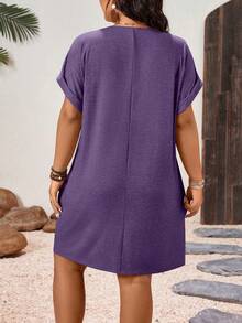 EMERY ROSE Vestido casual de primavera de talla grande con cuello en V, unicolor y mangas vueltas hasta la rodilla - Morado - Ver 2