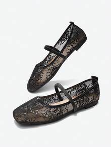 2025年秋季大码女式方头蕾丝拼接玫瑰图案户外休闲派对透气镂空平底乐福鞋，百搭，芭蕾平底鞋，玛丽珍鞋 - 黑色 - 查看 9