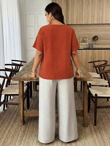 Weeklong Orange V-Neck Ruffle Trim Jacquard Fabric Plus Size Vacation Blouse, Spring/Summer - Orange - View 2