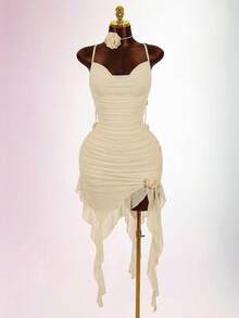 Amplova Vestido de mujer de longitud media, cuello drapeado, cordón, ribete de volantes, dobladillo con volantes, tirantes finos, espalda descubierta, decoración floral, elegante y sexy - Albaricoque - Ver 7