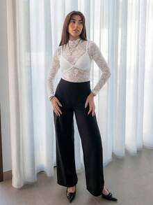 Hitanina Women's Solid Color Stand Collar Raglan Sleeve Fitted Lace Sheer Sexy Bodysuit - White - View 5