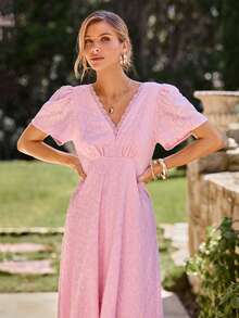 KARISMINA 女士纯色V领短袖中长针织连衣裙，春夏款 - 淺粉色 - 查看 5