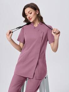 Scrubzie 抗皺立領短袖多鈕扣女款刷手服上衣與長褲套裝 粉色 秋季工作服 - 藕粉色 - 查看 2