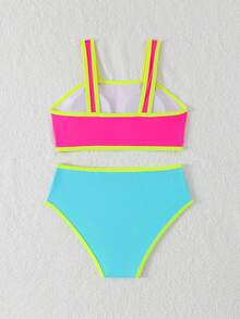 SHEIN Bộ bikini cho bé gái tuổi teen, phong cách Y2K rực rỡ, hồng tươi + xanh hồ + xanh neon, áo hai dây bản rộng và quần tam giác cạp cao, bộ 2 món, vải dệt kim, thời trang, giản dị, thanh lịch, thích hợp cho bơi lội, kỳ nghỉ hè, bãi biển, hồ bơi, tiệc tùng, kỳ nghỉ thư giãn. - Nhiều màu - Xem 2