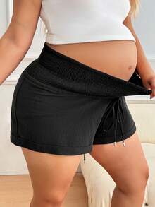 Plussiva 孕妇加大码纯色抽绳腰休闲短裤 - 黑色 - 查看 2