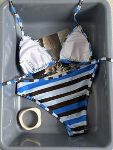 Swim Mod 女士两件式泳衣套装，小龙虾印花撞色条纹，时尚甜美，海滩度假必备 - 彩色 - 查看 2