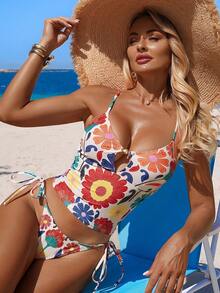 SHEIN Swim Mod New European And American Summer Vacation Spaghetti Strap Floral Placement Print Tie-Front Tankini Swimwear Set - Multicolor - View 6