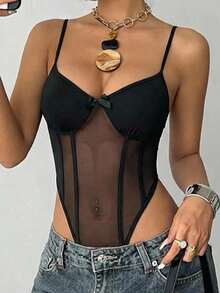 SHEIN EZwear 女士纯色吊带蝴蝶结装饰休闲鱼骨缝连体衣 - 黑色 - 查看 1