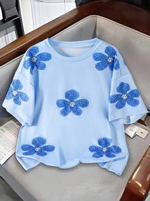 Sparklyn Tween Girls Round Neck Floral Print T-Shirt, Casual Basic, Suitable For Daily Wear, School And Various Occasions - Blue - View 1