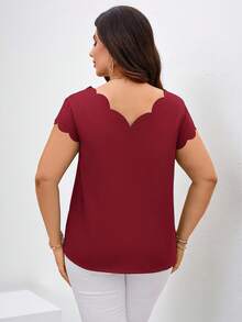 Chikora Plus Size Shell Trim Square Neck Short Sleeve Elegant Blouse - Burgundy - View 2