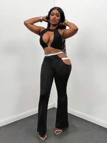 Glyssa Women's Casual Flared Design Low-Waist Hollow-Out Elastic Fitted Pants - Black - View 5