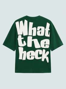 Modcrash Camiseta casual de cuello redondo con mangas de murciélago y estampado de letras para hombres, un gran regalo para un novio o esposo. Camiseta gráfica verde para hombres, camiseta con eslogan "¿Qué demonios?", camiseta gráfica unisex de ajuste relajado, adecuada para uso diario y atuendos de verano. - Verde - Ver 1