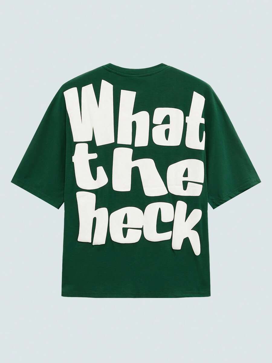 Modcrash Camiseta casual de cuello redondo con mangas de murciélago y estampado de letras para hombres, un gran regalo para un novio o esposo. Camiseta gráfica verde para hombres, camiseta con eslogan "¿Qué demonios?", camiseta gráfica unisex de ajuste relajado, adecuada para uso diario y atuendos de verano. - Verde - Ver 1