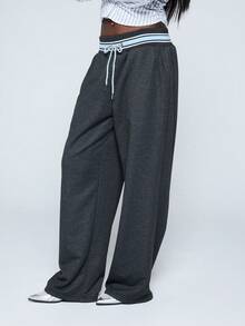 COUREZ Low Rise Oversized Sweatpants With Stripe Contrasting Waistband Y2K Summer For Women Summer For Women - Dark Grey - View 5