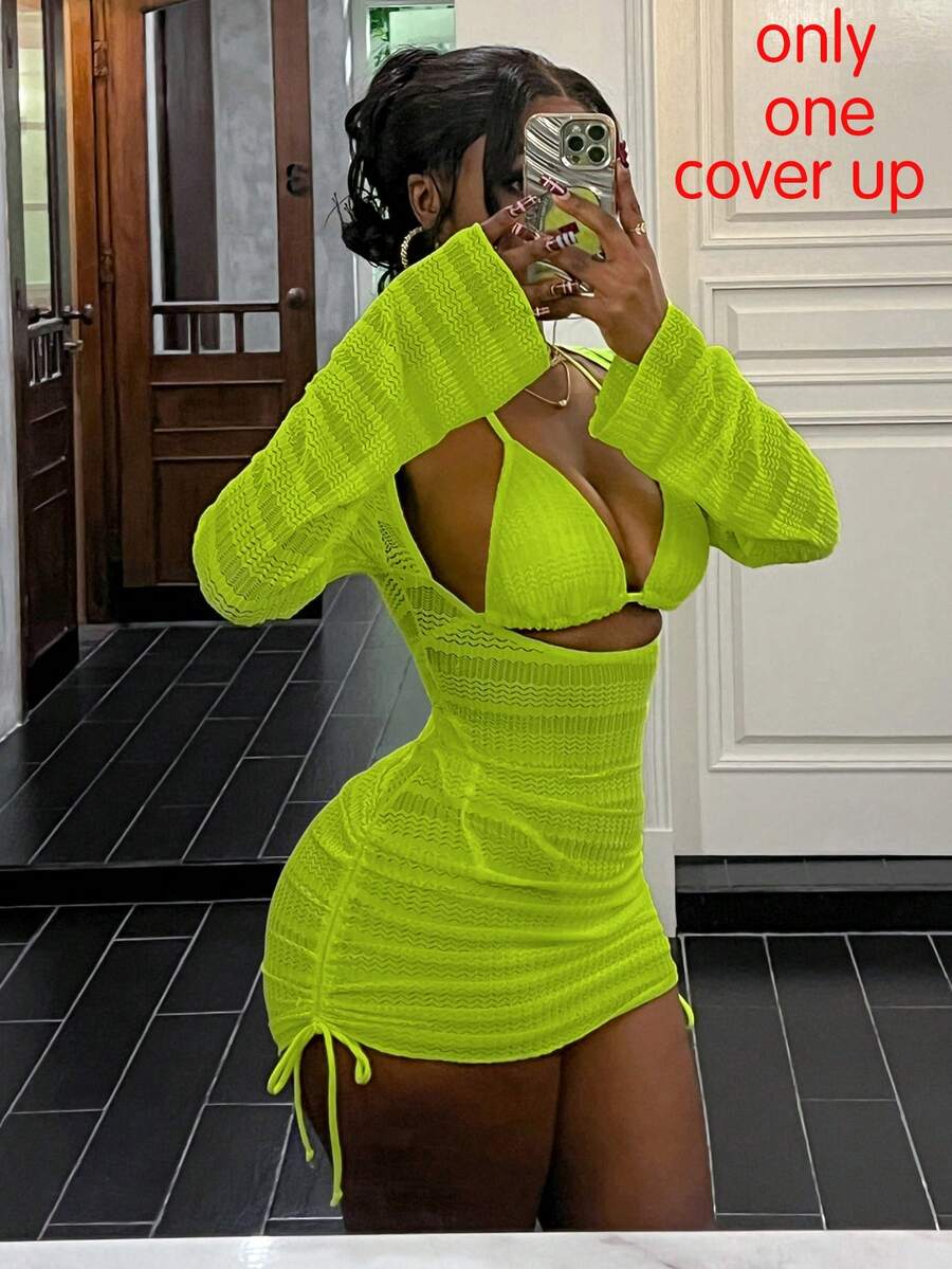 Vaytide 1件春夏新款荧光绿纹理面料高弹性感镂空侧边修身紧身连衣裙，适合派对、郊游、航海、度假、海滩等场合，女士浪漫度假罩衫，荧光绿性感连衣裙 - 綠色 - 查看 1