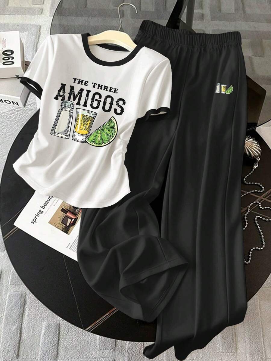 Resyla 女士撞色滚边圆领短袖休闲两件套，夏季 - 彩色 - 查看 1