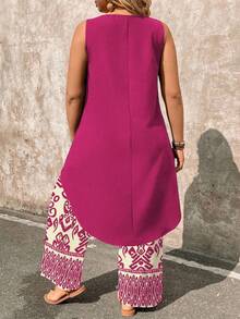 EMERY ROSE Plus Size 2 Pieces Set: Paisley Print Sleeveless Top And Wide Leg Pants - Hot Pink - View 2