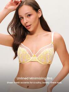LUVLETTE Soft Woman Lingerie Breathable Underwire Sexy Unlined Minimizer Yellow & White Floral Lace & Sheer Mesh Bra - Beige - View 5