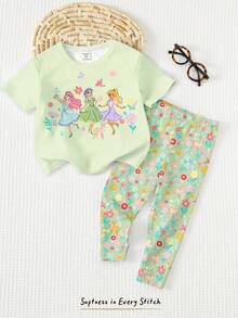 SHEIN 薄荷绿，春夏轻盈飘逸，甜美可爱公主风，波西米亚风印花，花卉图案，少女休闲宽松圆领短袖T恤搭配修身休闲打底裤，适合春夏日常穿着、度假休闲，感受春日气息，夏日氛围，春夏穿搭，轻松舒适，时尚小女孩套装，休闲装，公主风，花卉图案T恤套装，春夏套装，新款，清凉舒适，春日氛围，夏日休闲风 - 彩色 - 查看 4