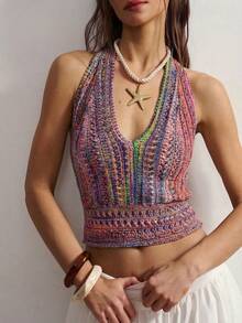 Bohemela Áo dệt kim nữ phối màu, cổ yếm, buộc dây, gợi cảm, đa năng, thích hợp cho buổi hẹn hò đêm. - Nhiều màu - Xem 4