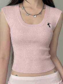 Rina Fox Women's Knitted Vest With Embroidered Floral Design, Pink - Pink - View 4