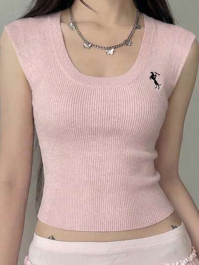 Rina Fox 女士针织背心，绣花图案，粉色