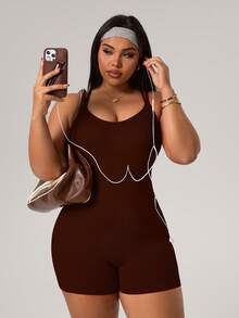 Rhythm Era 1pc Plus Size Seamless Backless Criss-Cross Hollow Women Sports Jumpsuit Brown,Summer,Athletic,Pilates Running Fitness Workout Ribbed Cutout Bodysuit - Brown - View 2